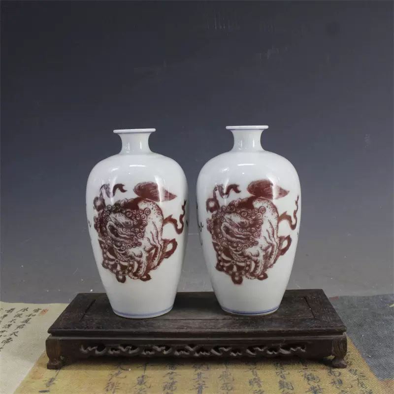 清康熙青花釉里红狮子纹花瓶一对古董古玩古瓷器摆件保真老货收藏-Taobao