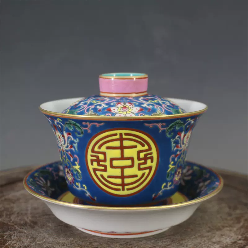 清雍正御制珐琅彩描金寿纹缠枝花卉三才盖碗茶杯仿古瓷古玩收藏品-Taobao