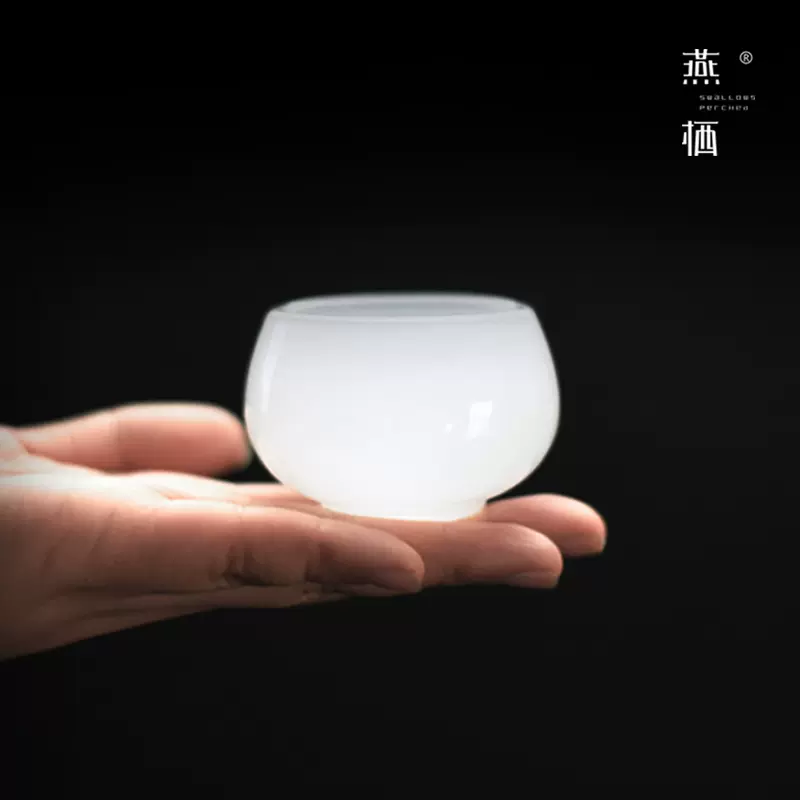 白玉琉璃手工品茗杯日式小茶杯主人杯玉石玉瓷手工单杯功夫茶具