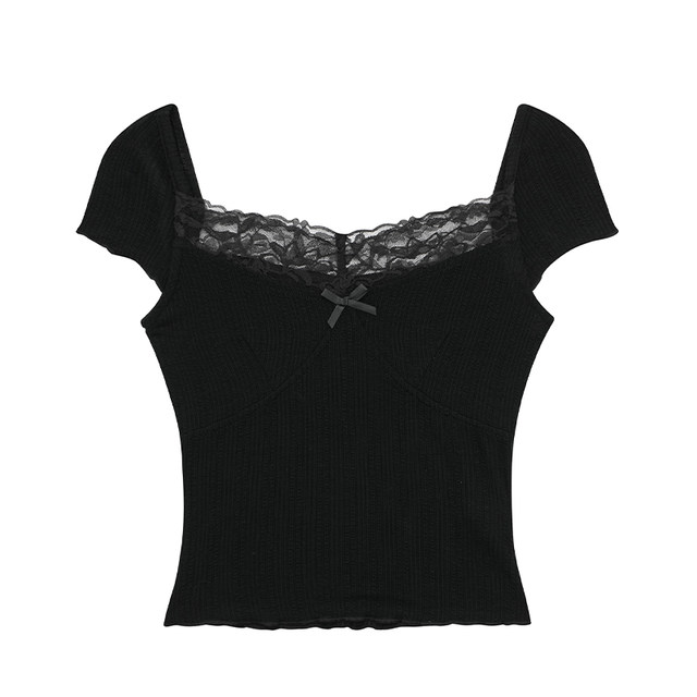 Hot Girl Heavy Lace Patch Short Sleeve T-shirt