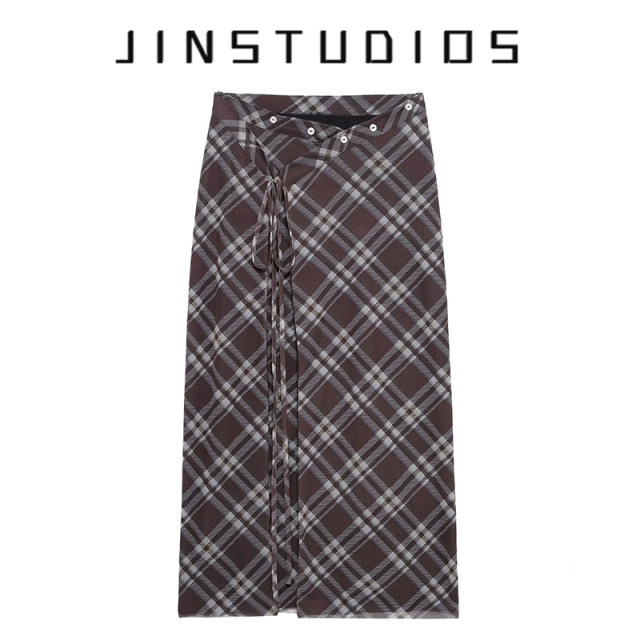 2025 summer American retro hot girl style lace-up plaid skirt makes you look slim and versatile high-waisted hip midi skirt women's skirt