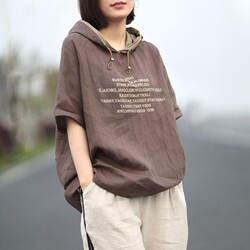 Clearance Sale~ Last Stock of Export Goods: Plus Size Women's Cotton Linen Letter Print Short Sleeve Hooded T-Shirt, Casual Versatile Top, Base Layer Shirt