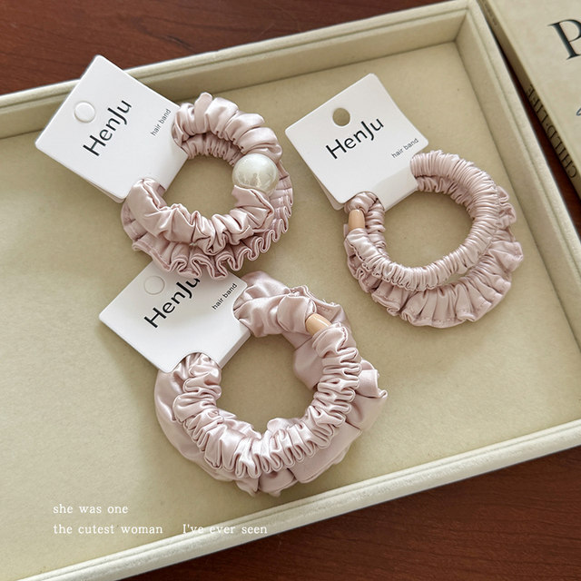 Sweet peach pink pleated round bead hair ring, super soft and non-damaging, hair rope headwear, women's ponytail hair rope rubber band