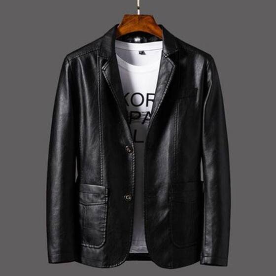 Suit leather men's business leisure middle -aged locomotive handsome sheep leather jacket leather jacket thin trend standing collar
