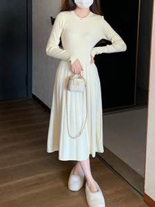 游小姿【杏花】新款高腰纯色针织套头小个子通勤长款打底连衣裙