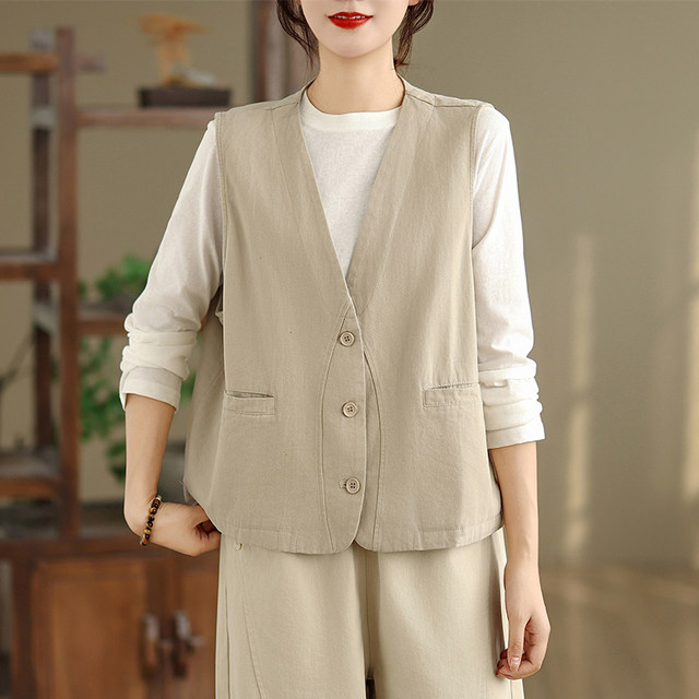 Cotton vest jacket for women in spring and autumn new loose slim V-neck simple work vest vest vest vest vest ~ shopping mall clearance