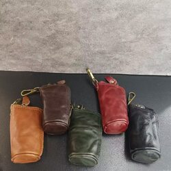First-Layer Vegetable-Tanned Leather Car Key Case for Men and Women, Multifunctional Vegetable-Tanned Leather Key Case, Genuine Leather Zipper Coin Purse