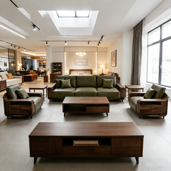 
North American black walnut solid wood straight sofa living room villa modern minimalist office Song style aesthetic leather furniture