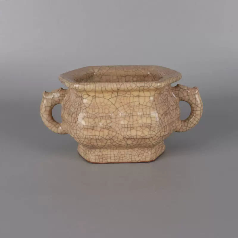 宋哥窑铁线六方双耳香炉仿古瓷器古玩董老货物收藏