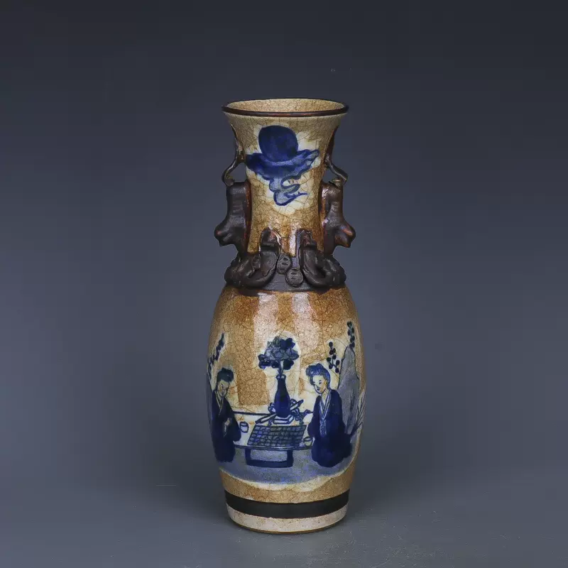 清代哥窑青花美女对棋图双耳花瓶仿古瓷器玩董