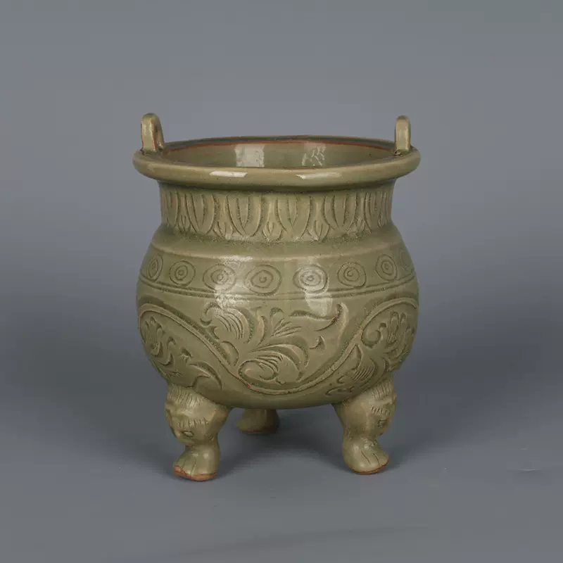 宋代耀州窑刻花青釉香炉仿古瓷器玩董中式书房摆件出土