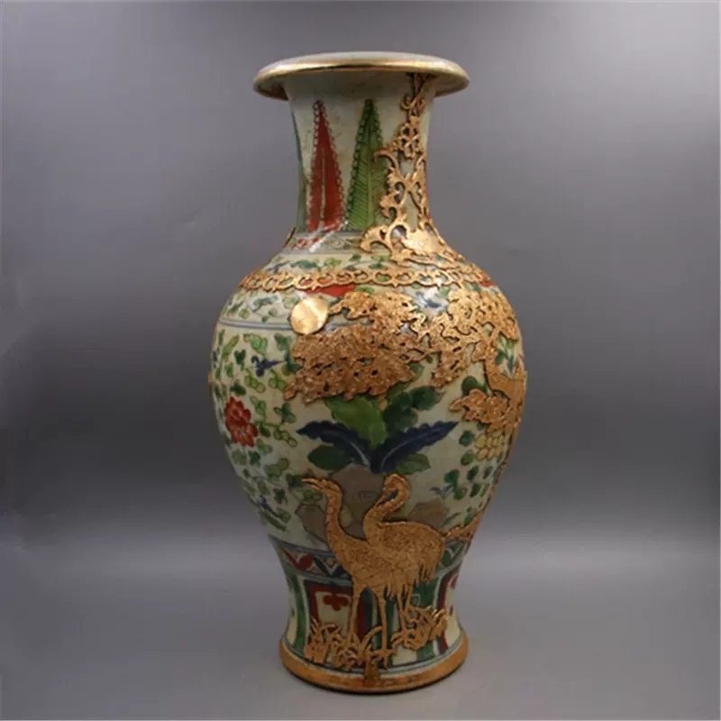 明宣德五彩镶金包金鹤图鱼尾瓶仿官窑出土