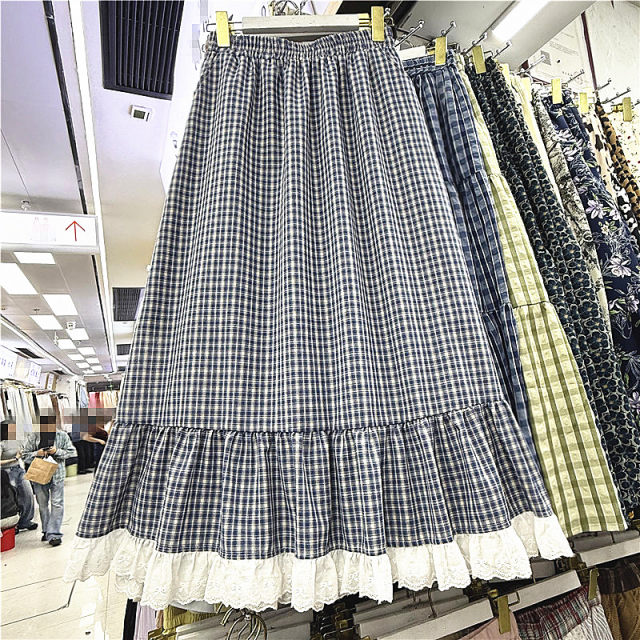 Retro plaid pocket skirt for women in spring and summer new high-waisted ruffle skirt for women lace spliced ​​plaid a-line skirt