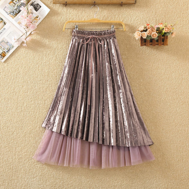 Spring and autumn Korean version of high waist is thin and sweet, sweet net gauze, golden velvet skirt in the long fairy skirt in the middle of the golden velvet skirt