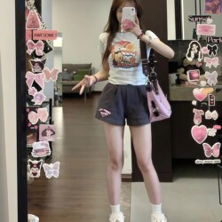 Pure Cotton Letter Embroidered Gray Sports Shorts for Women, Summer High-Waisted Loose Versatile A-Line Wide-Leg Casual Hot Pants