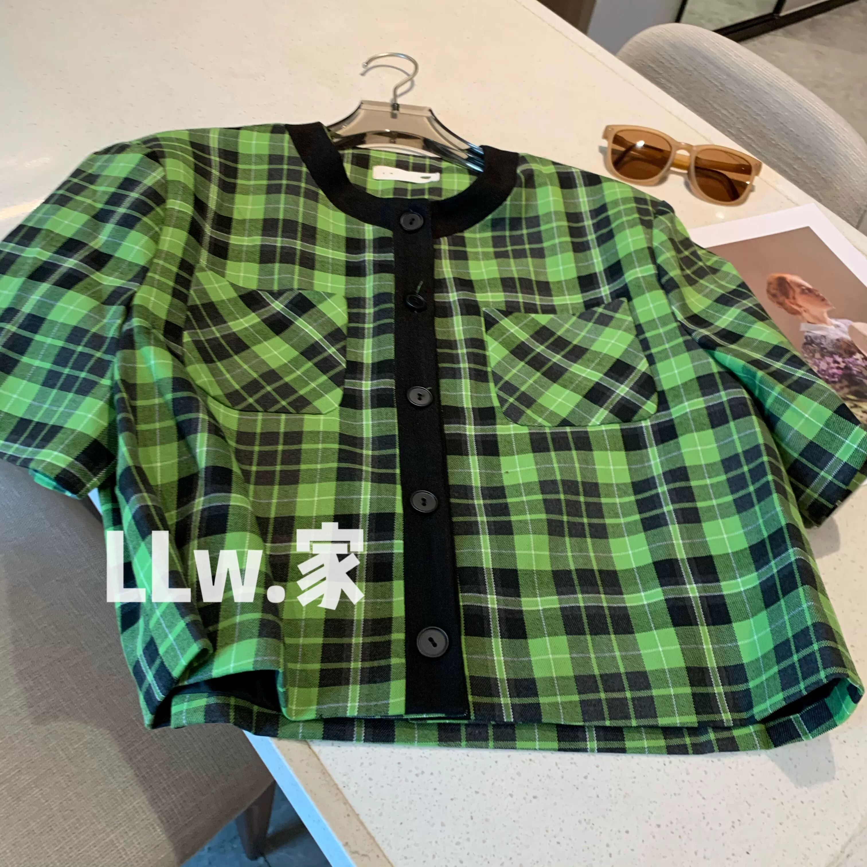 夏日绿格纹 22年季新款复古小香风短袖口袋
