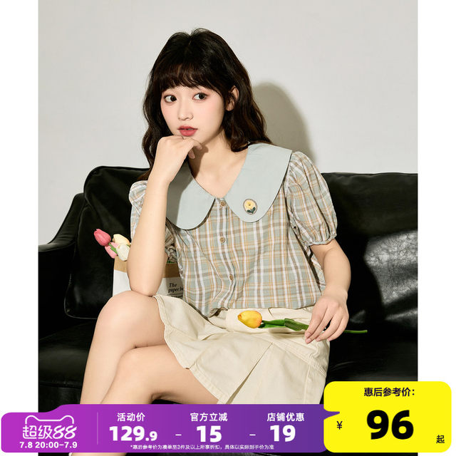 Tang Shi 2025 spring and summer new short-sleeved plaid shirt for women with doll collar shirt loose slim puff sleeve top sweet
