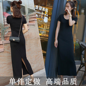 Summer new round necked modal short sleeved long skirt slim fit casual slimming back slit T-shirt long dress for women
