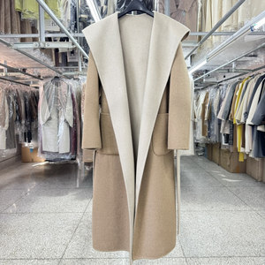 
Hooded color-blocking two-sided double-sided wool coat for women mid-length 25 new loose straight-tube warm wool coat
