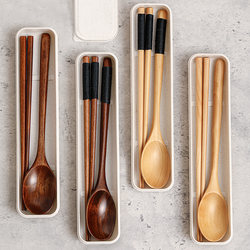Chopsticks and Spoon Set, Wooden Portable Tableware Set for One Person, Three-Piece Set, Special Take-Out Storage Box for Kidsren and Students