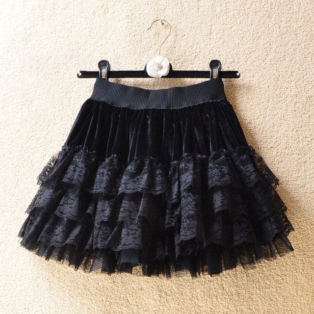 Golden velvet panton skirt women's autumn and winter high waist thin, multi -layer cake skirt, lace edge net yarn A -line skirt