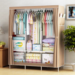 Non-Woven Fabric Simple Wardrobe, Large Wardrobe with Three Hanging Rods, Double Combination Wardrobe, Reinforced Steel Pipe Assembly Storage Rack