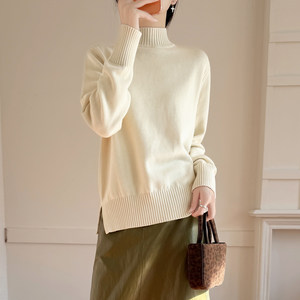 
100% pure cotton half turtleneck sweater for women in autumn and winter loose wear lazy style thickened pullover knitted base shirt top