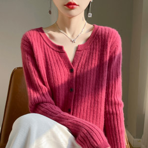 
2025 spring new round neck pit strip 100 pure cardigan women's fashionable casual loose knitted sweater jacket