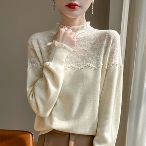 
High-end 2025 lace-trimmed half-high collar hollow sweater that can be worn as a base layer, a loose small fragrant sweater