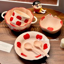 Apple Bowl and Plate Set, Ceramic Dinner Plate, Fruit Bowl, Underglaze Bowlware, Rice Bowl, Single-Serving Tableware, Bowl and Chopsticks, Soup Bowl