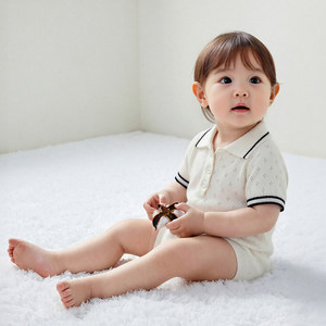 
Summer thin baby type A short-sleeved triangle jumpsuit baby knitted hollow harem lapel casual bag
