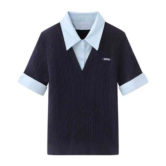 
B703 same style spring new fashion versatile shirt lapel contrast fake two-piece short-sleeved sweater for women
