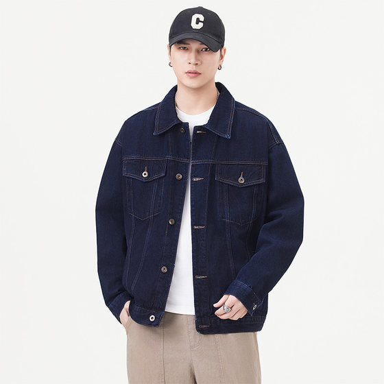 
American retro original color washing denim jacket for men 2025 autumn new loose lapel Mingji line work jacket