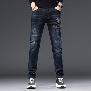 
European station light luxury trendy brand embroidered hot diamond dark blue jeans men's autumn and winter slim fit elastic casual trousers