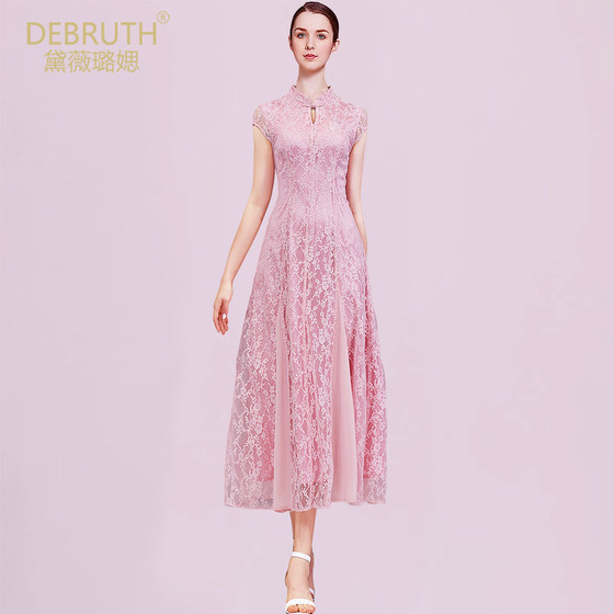 
Daiwei Luyu new Chinese style lace cheongsam dress women's long 2025 summer new temperament high waist dress skirt pink