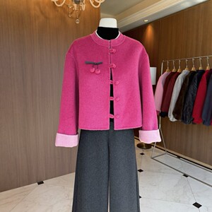 
High luxury brand national style stand collar short woolen coat autumn and winter new double-sided 100% wool rose red contrast top