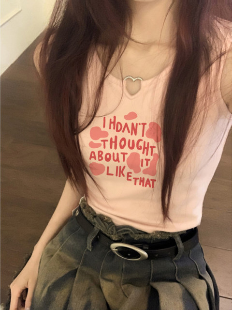 Girls sweet pink vest suspender women's summer outerwear design sense hollow letter printing slim fit sleeveless short top
