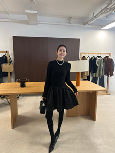 WIDELIA stand-up collar temperament dress for women in autumn and winter inner layer design sense a-line puffy slim splicing small black skirt trendy