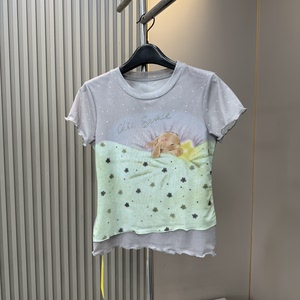 
European sweet and cool outfit hot diamond cartoon printed short-sleeved T-shirt hot girl slim temperament mesh wavy edge women's top