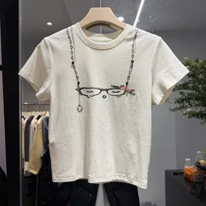 
European products 2026 summer new style fun age-reducing chain Kitty glasses printed short-sleeved T-shirt women's short top