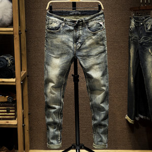 Cave patch pants Male spring and autumn Korean version of the trendy straight slim retro, old tide brand small feet pants beggar