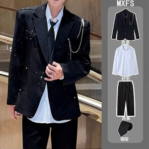 High-end black starry gypsophila suit jacket for men with shoulder pads, handsome and versatile, Korean style popular chain small suit top