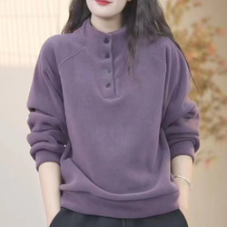 De Rong Women's Sweatshirt 2025 Autumn and Winter New Style Button-Up Stand Collar Loose Plus Size Inner Layer Fleece-Lined Warm Long-Sleeve Top