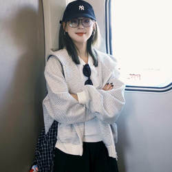 Korean Style Lazy Striped Zip-Up Hooded Sweatshirt Jacket for Women 2026 New Autumn and Winter Versatile Slimming Cardigan Top