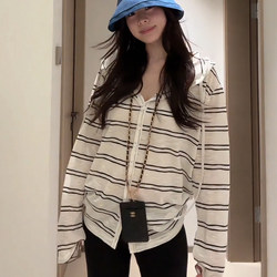 Plus-Size Cool-Feeling Long-Sleeve Hooded Striped Cardigan T-Shirt for Women, Summer Korean Style, Lazy Thin Sun Protection Top