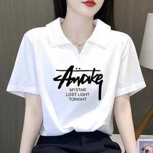 
100% pure cotton short-sleeved lapel POLO shirt T-shirt top summer Korean style fashionable women loose large size base