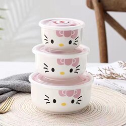 Ceramic Food Storage Bowl Three-Piece Set with Lid, Bento Sealed Food Storage Box, Microwave-Safe, Large Size for Students, Suitable for Instant Noodles