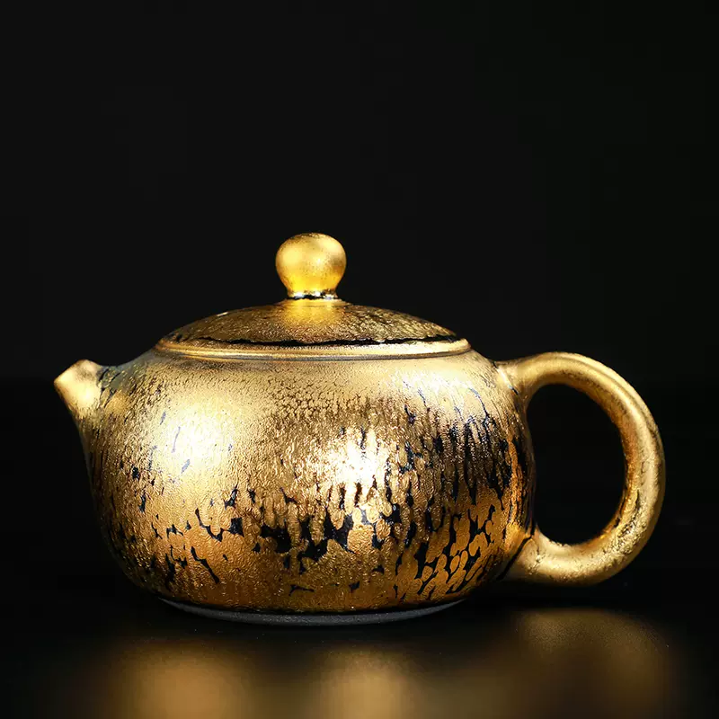 黄金油滴茶壶24K金西施壶功夫茶具纯手工茶壶陶瓷金油滴鹧鸪建盏-Taobao