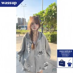 Wassup Japanese-Style Cartoon Cat Ear Hooded Sweatshirt for Girls, Loose Cardigan Jacket for Middle and High School Students