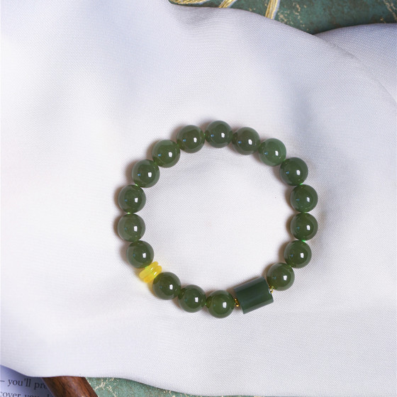 
Natural Hotan Jade Green Yellow Mouth Round Beads Original Matching Single Circle Bracelet Women's Jade Bracelet Jewelry